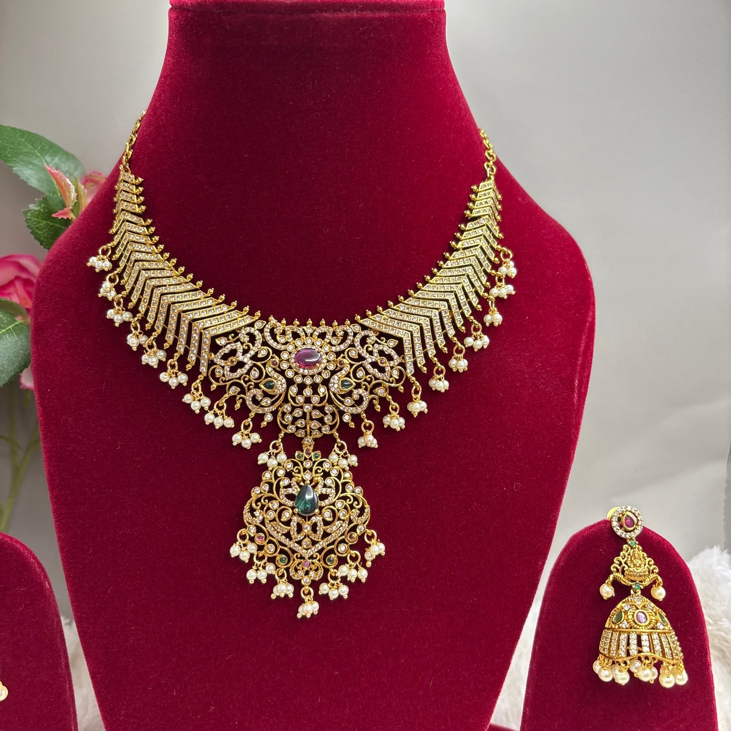 Timeless Spark – CZ & Kemp Stone Necklace Set with Jhumkas