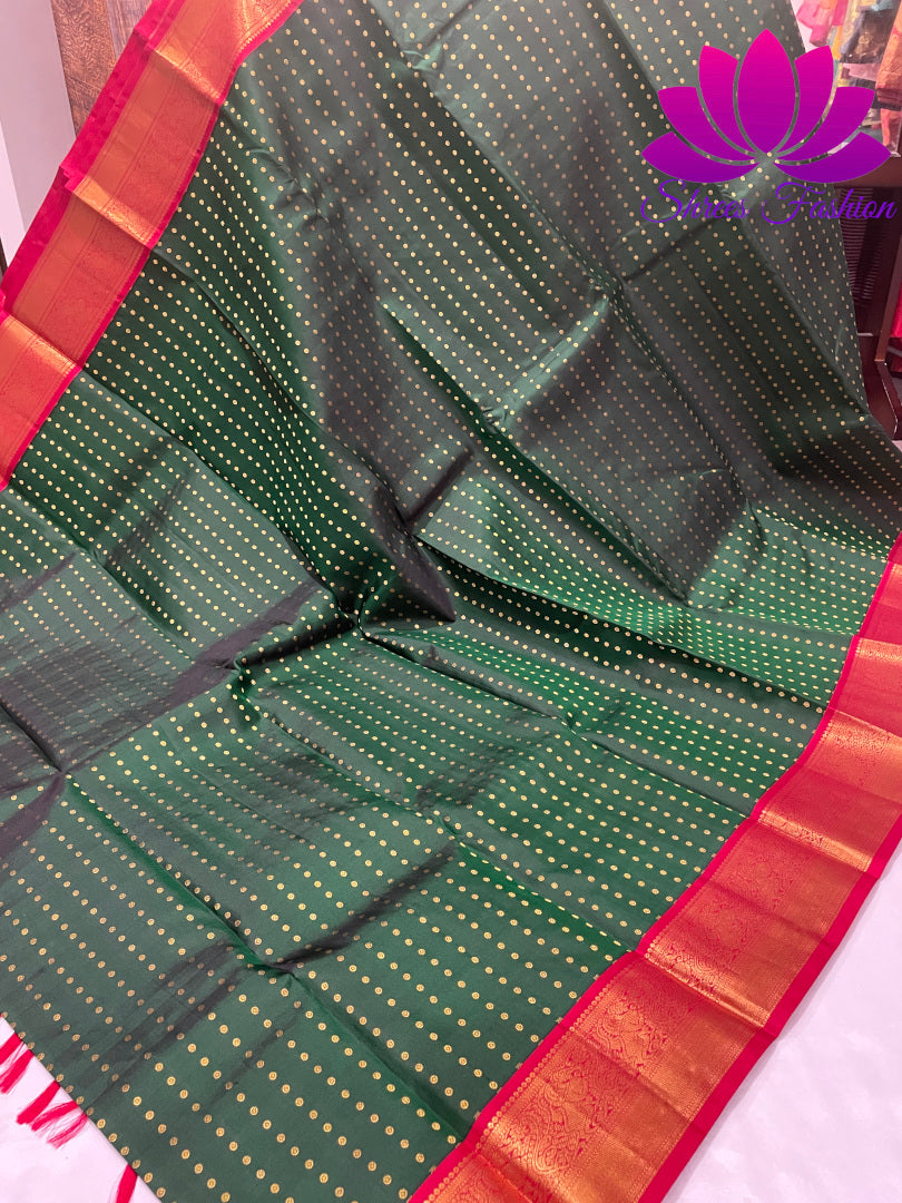 Bottle Green With Red Colour Combinations Dotted Design Kanchipuram Silk Saree - Shrees Fashion Australia