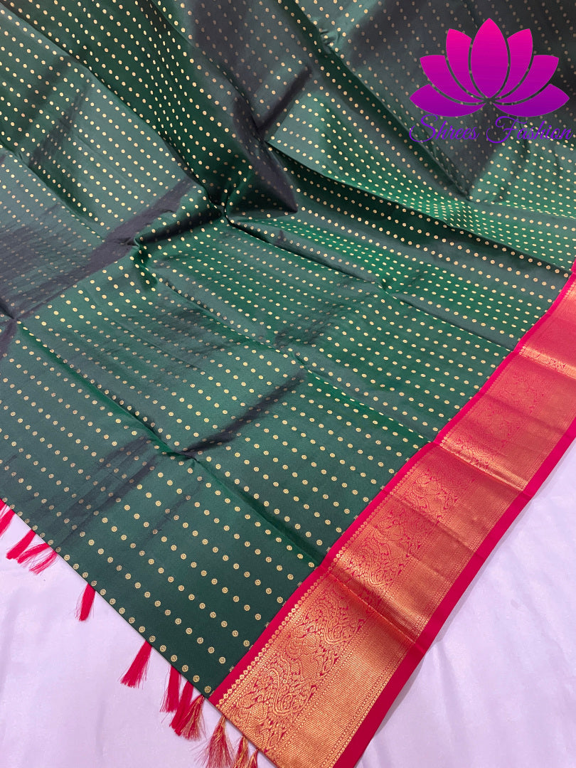 Bottle Green With Red Colour Combinations Dotted Design Kanchipuram Silk Saree - Shrees Fashion Australia