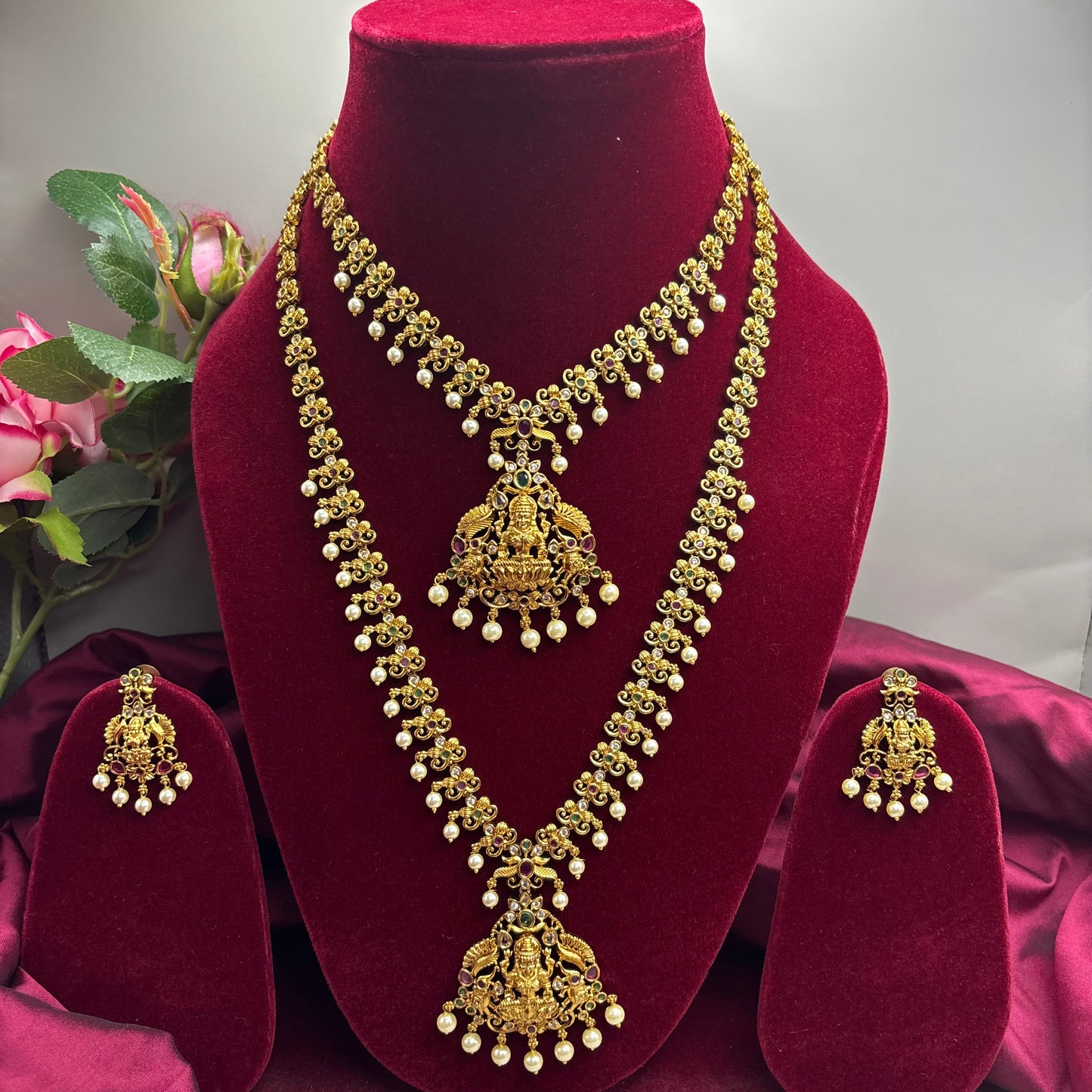Divine Elegance – Temple Design Semi-Bridal Set with CZ Stones & Pearls