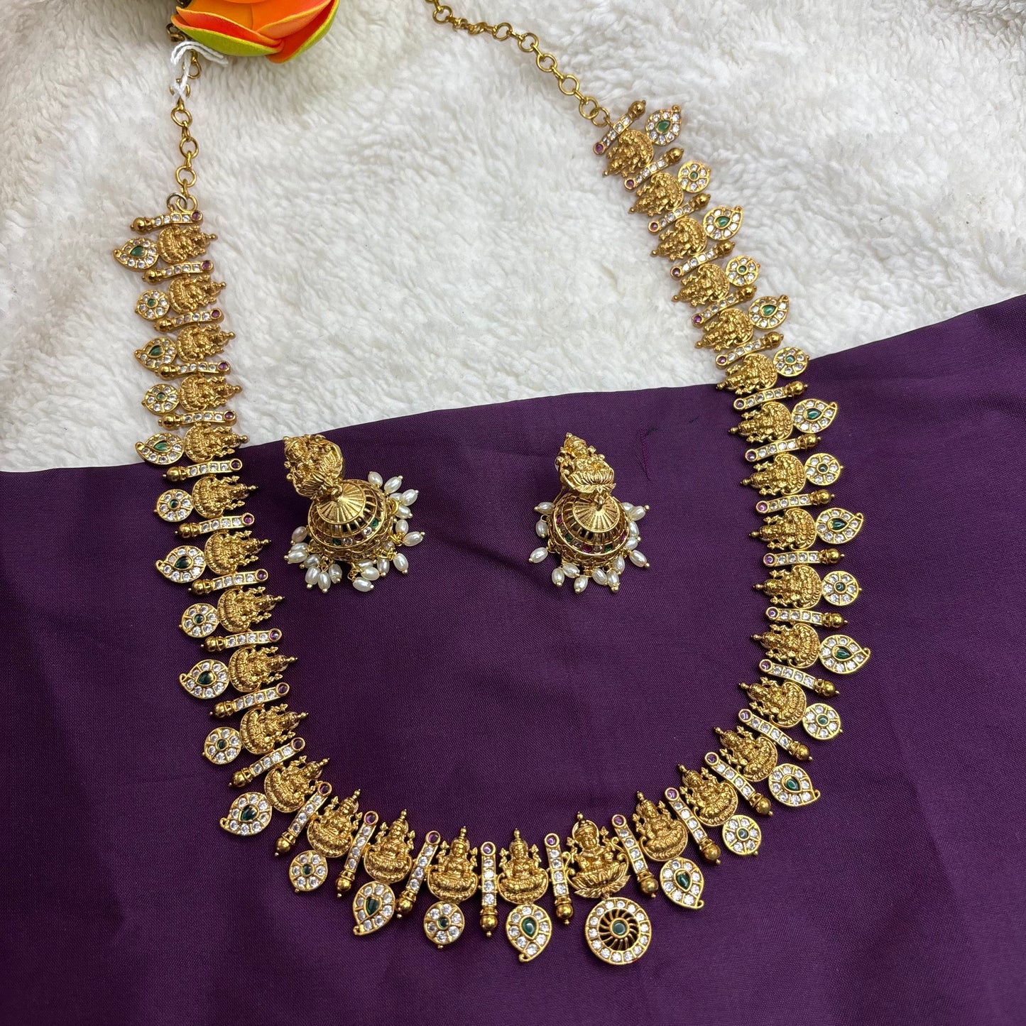 Coin Mango Design Long Haram Set – Matte Gold Finish with Kemp Stones
