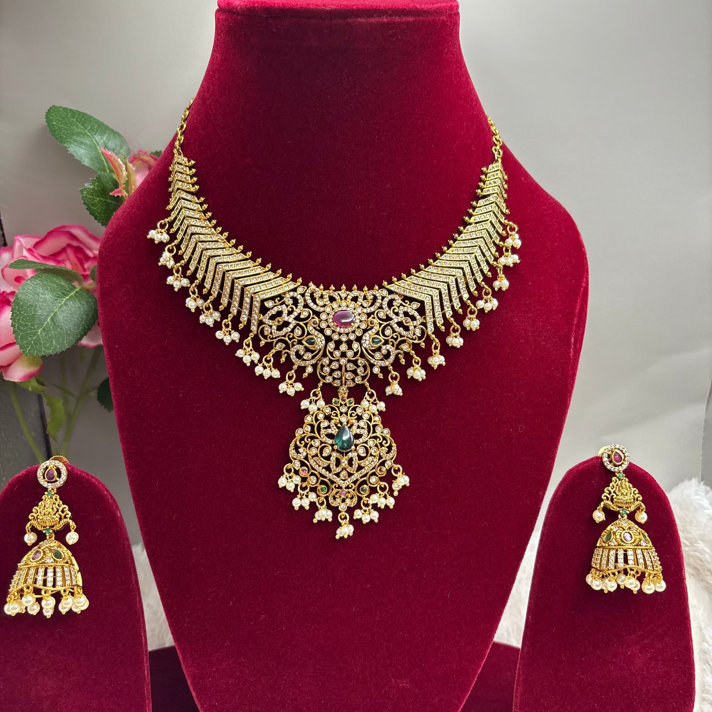 Timeless Spark – CZ & Kemp Stone Necklace Set with Jhumkas
