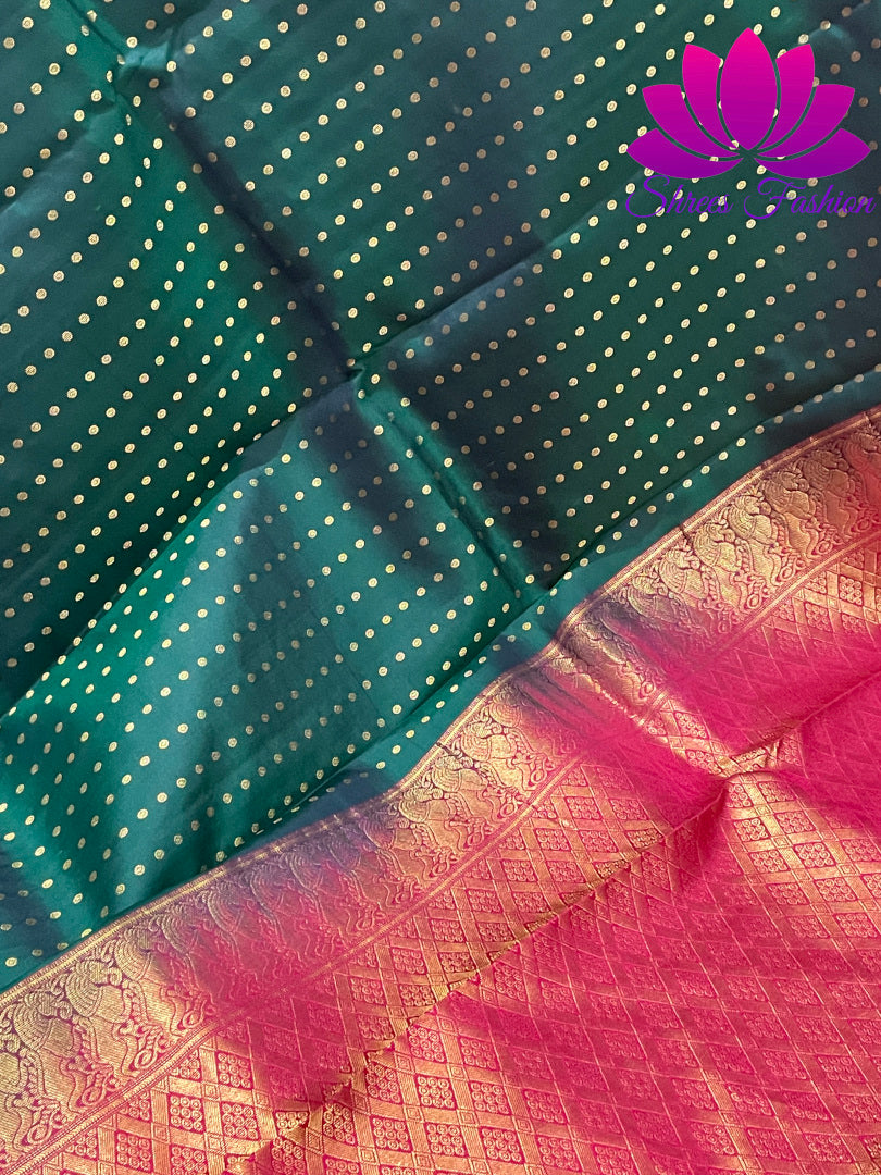 Bottle Green With Red Colour Combinations Dotted Design Kanchipuram Silk Saree - Shrees Fashion Australia
