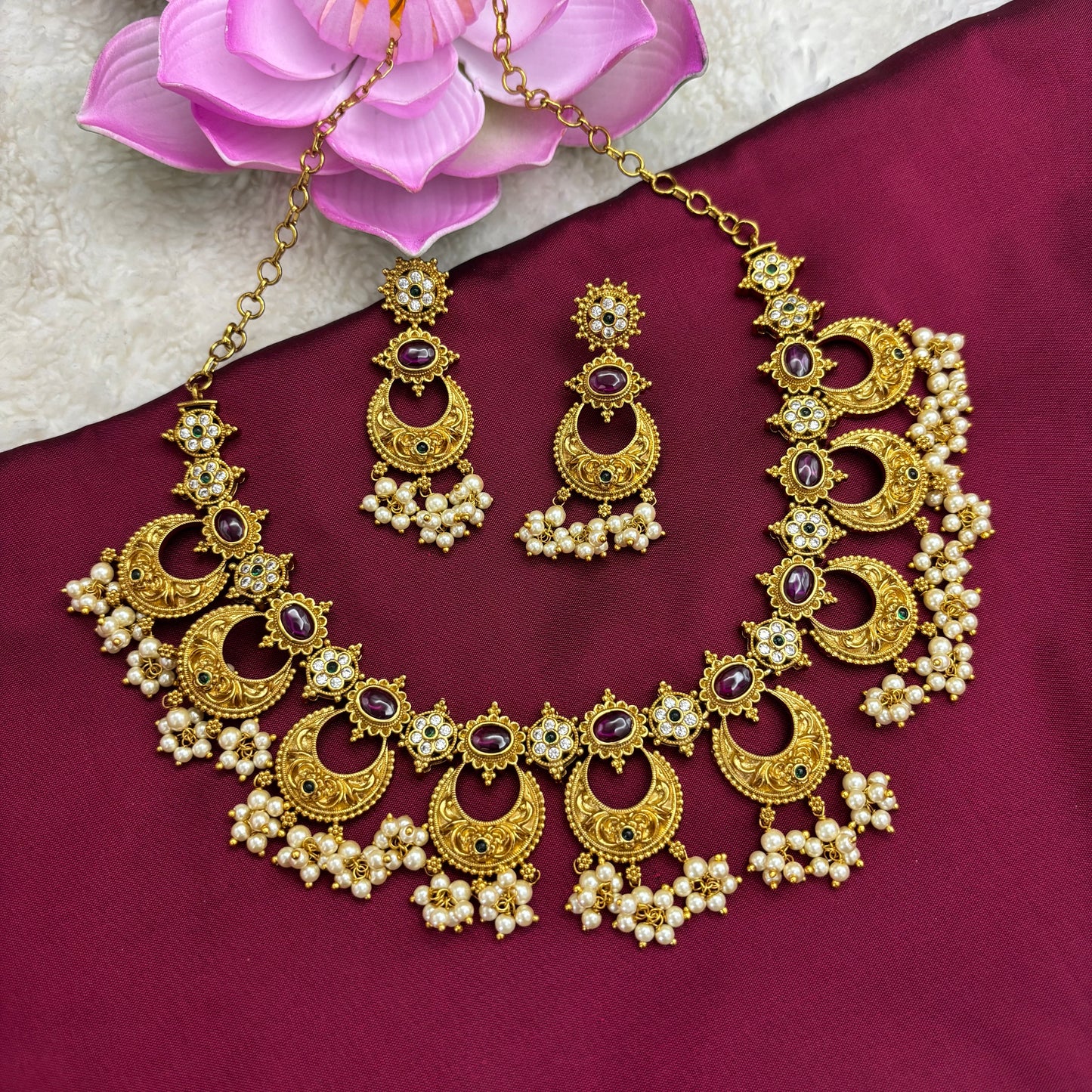 Moonlit Majesty – Chandbali Necklace Set in Antique Gold Finish
