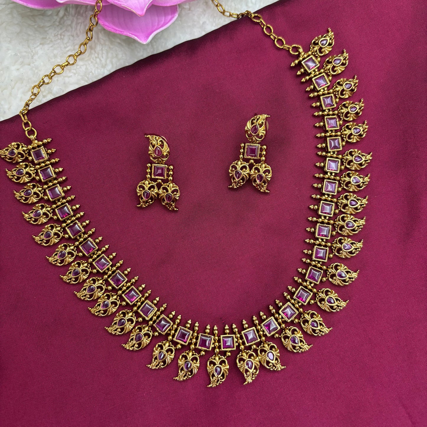 Blossom Heritage – Mango Design Kemp Necklace Set in Pink & Light Green Stones