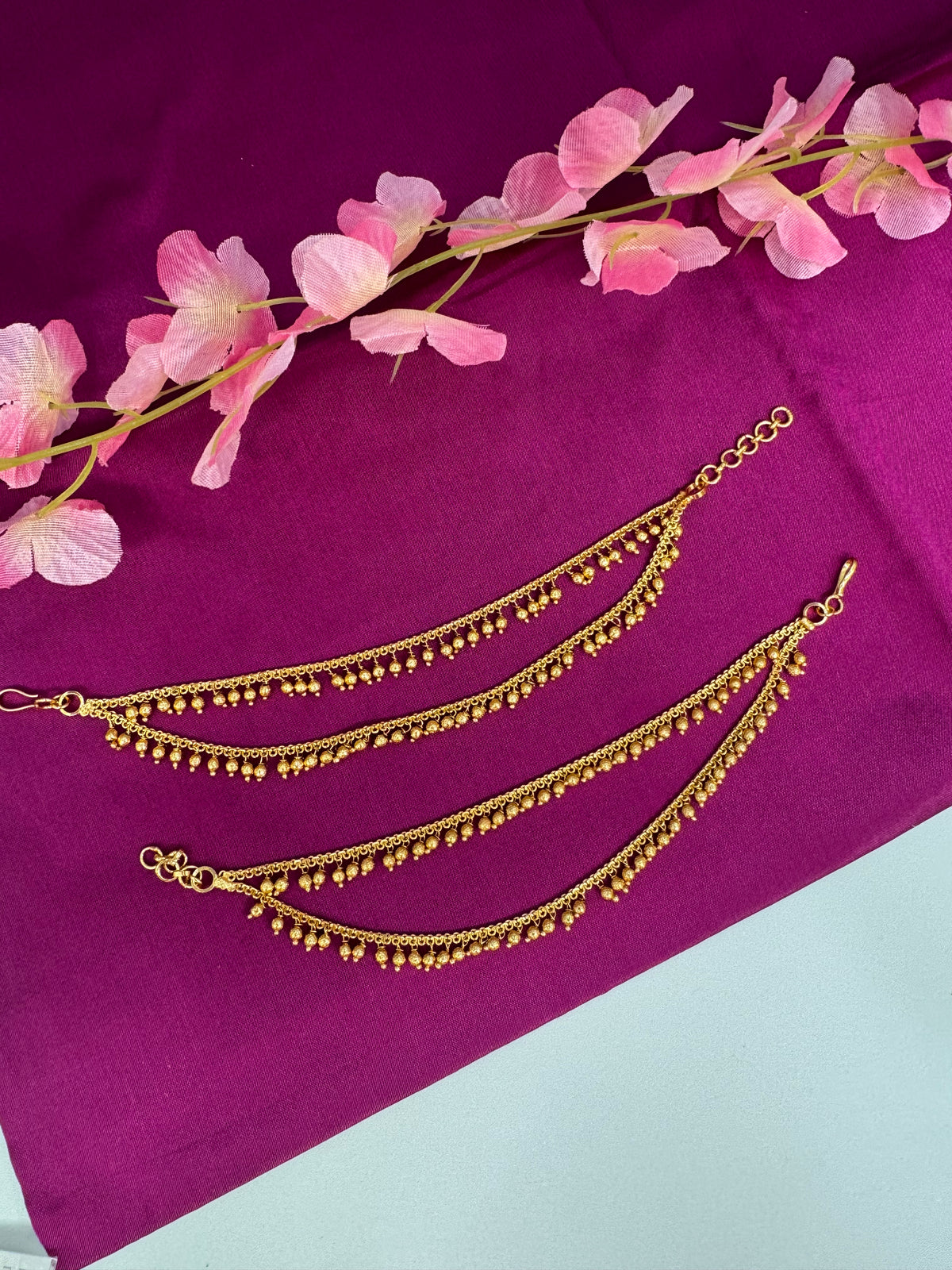 Traditional Gold Bead Ear Chain with Dual Chain Design