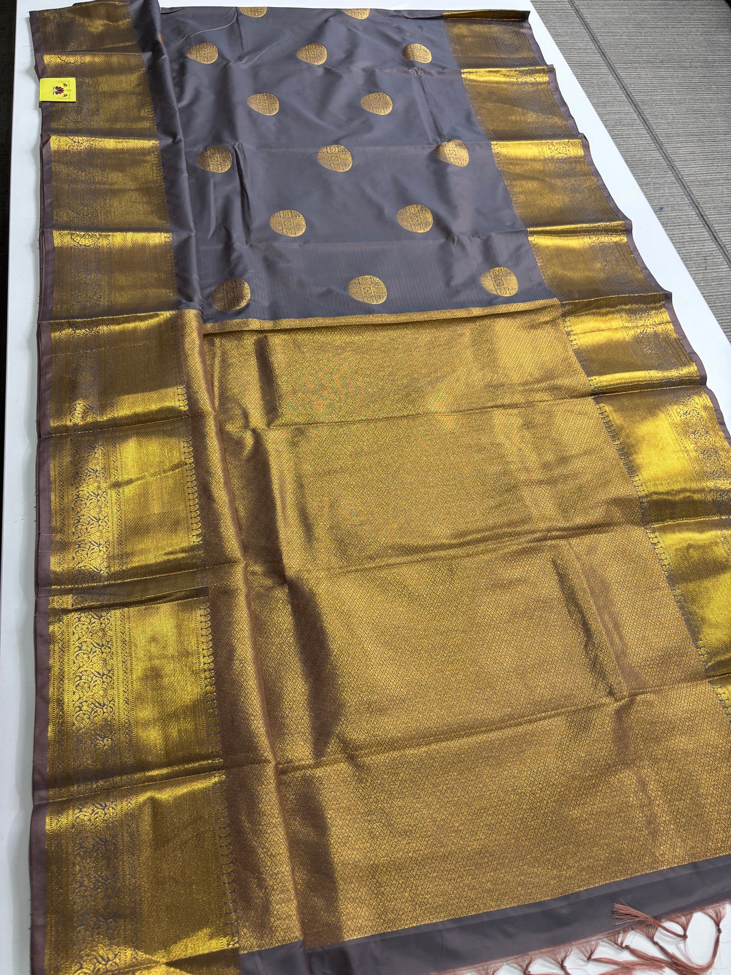 Elegant Greyish Blue Kanchipuram Semi Silk Saree with Golden Pallu & Border