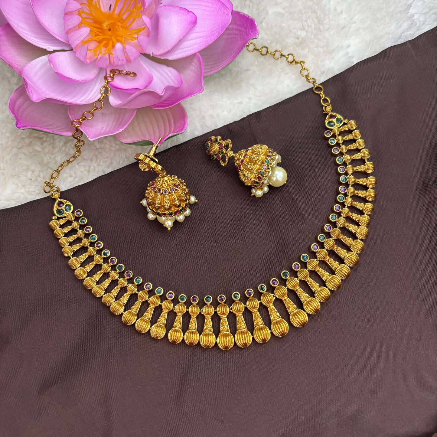 Royal Radiance – Kerala Style Kemp Necklace Set in Pink & Green