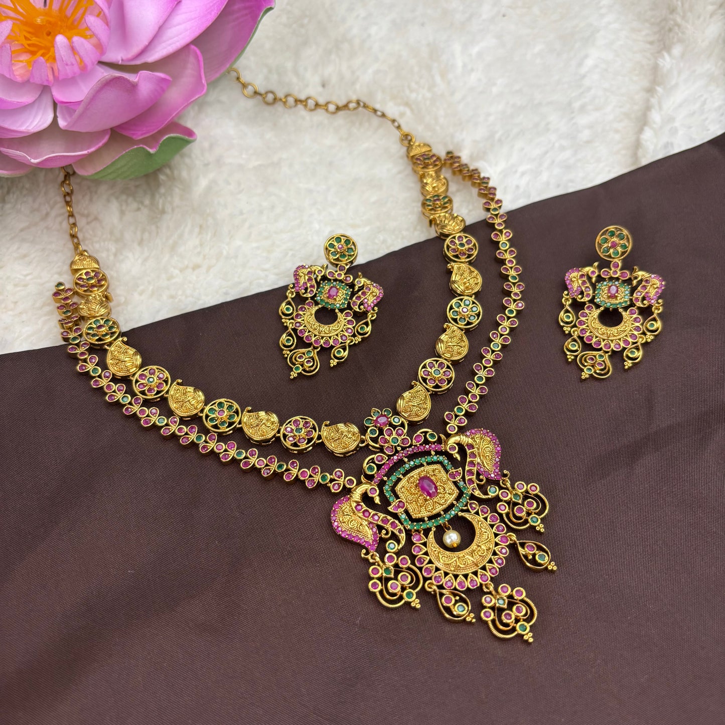 Two-Layer Temple Necklace Set with Intricate Peacock Motif – Matte Gold Finish