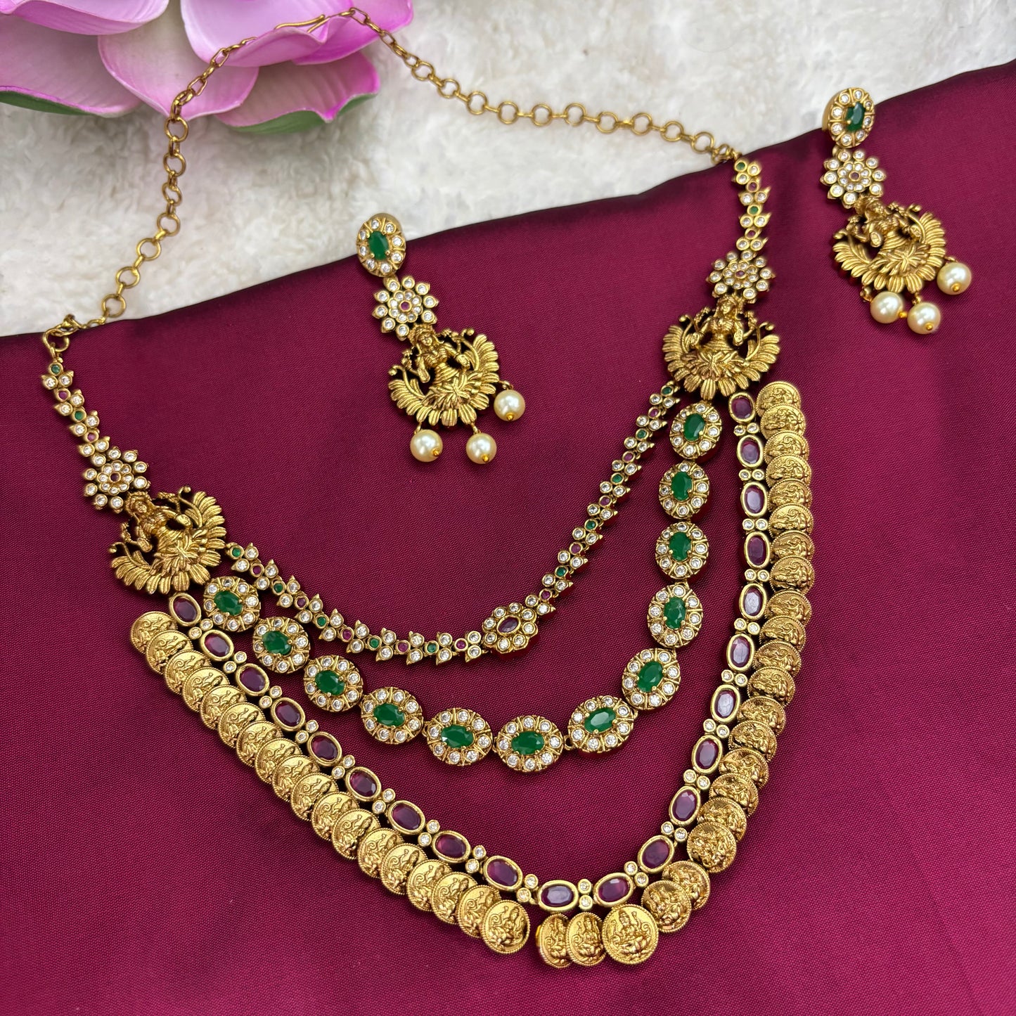 Triple Elegance – Three Layer Matte Gold Finish Necklace Set