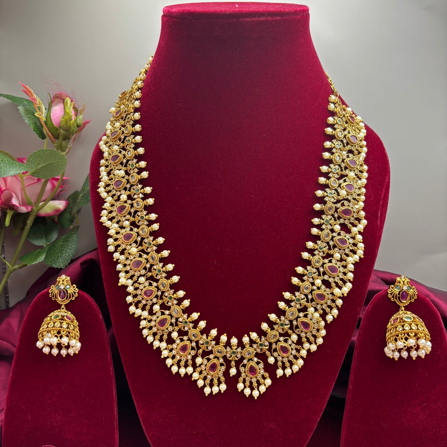 Matte Gold Kuttapusalu Haram Set – Temple-Inspired Elegance with Heritage Pearl Detailing