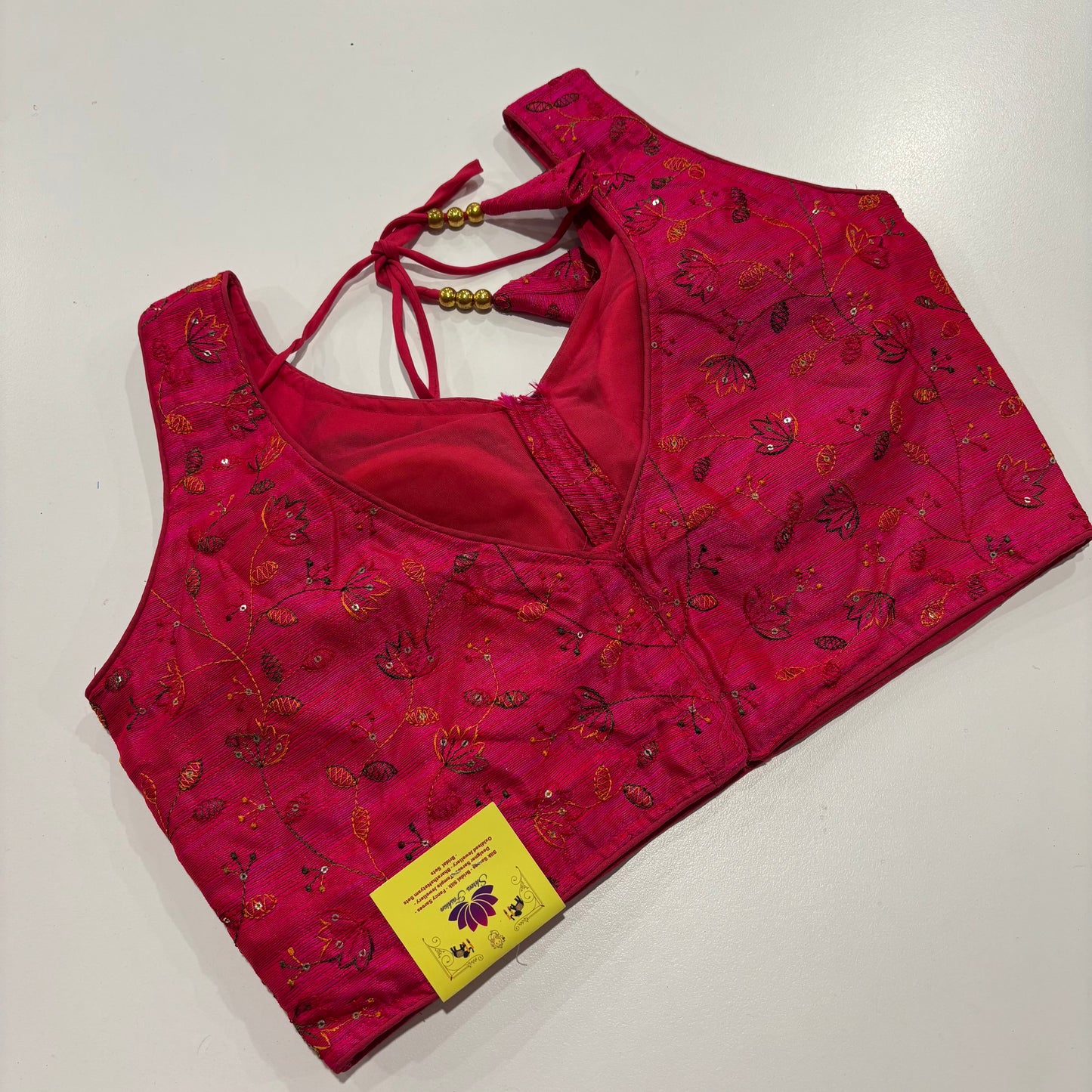 Rani Pink Readymade Blouse with Gold Embroidery & Attached Sleeve Fabric
