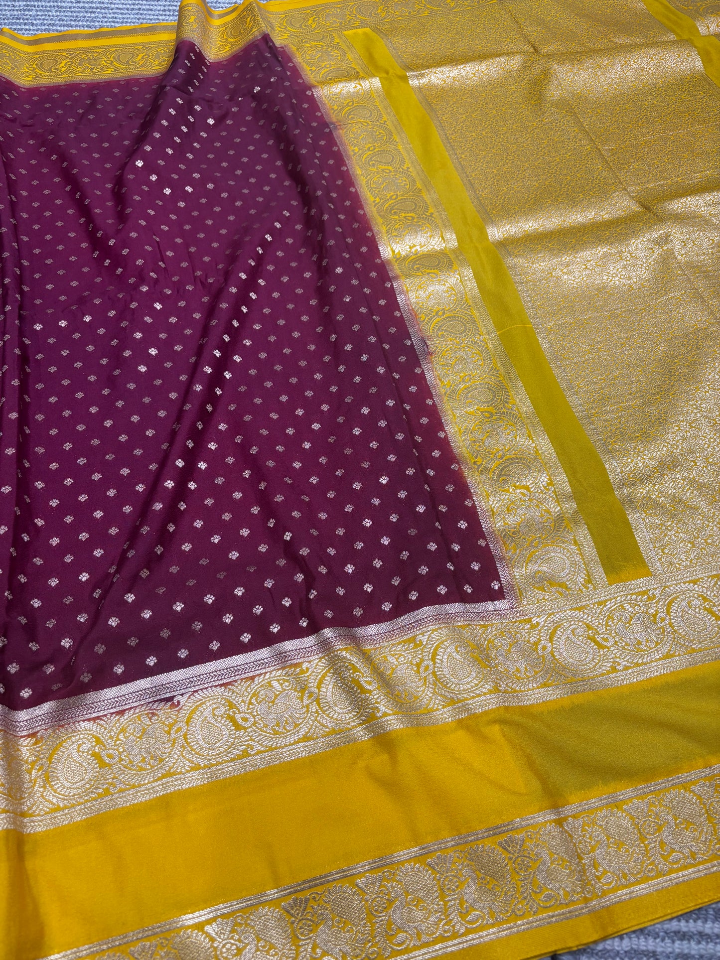 Exquisitely Crafted Wine Banarasi Soft Silk Saree with Vibrant Yellow Border, Pallu & Contrast Blouse Piece | Shrees Fashion