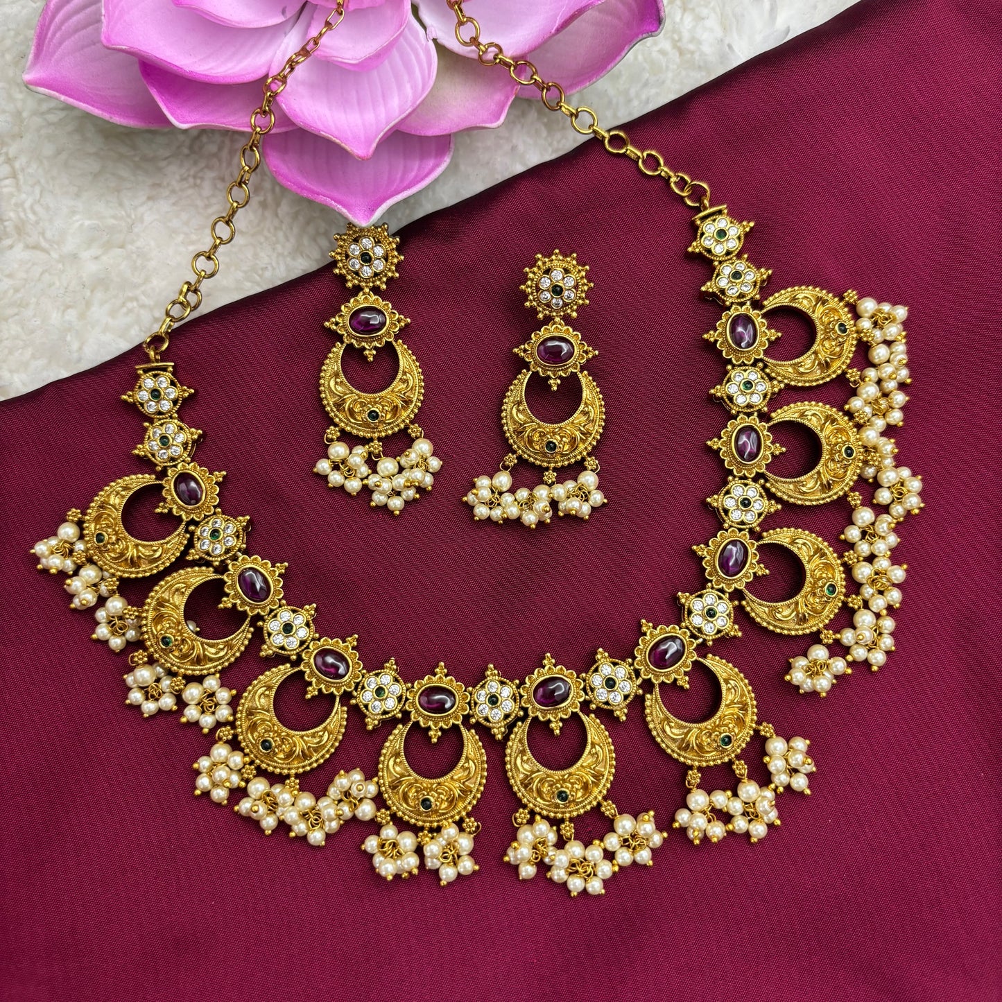 Moonlit Majesty – Chandbali Necklace Set in Antique Gold Finish