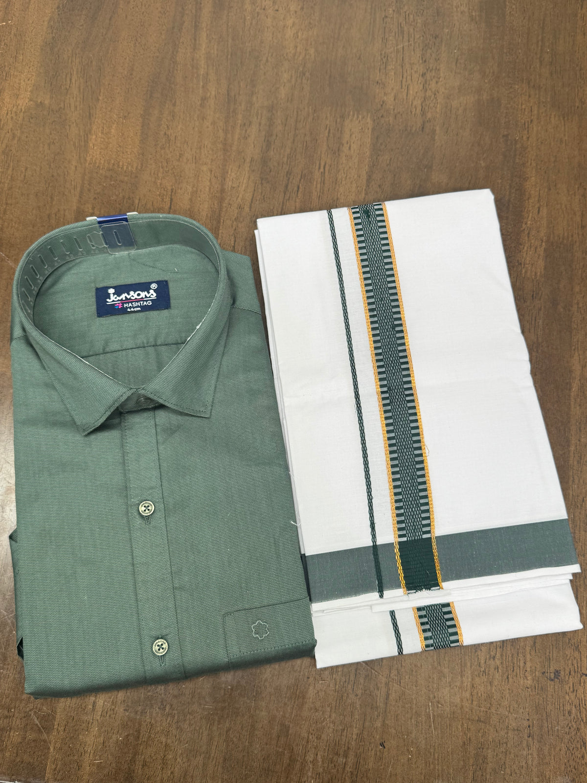 Soft Sage Green Shirt with White Veshti and Gold‑Green Traditional Border