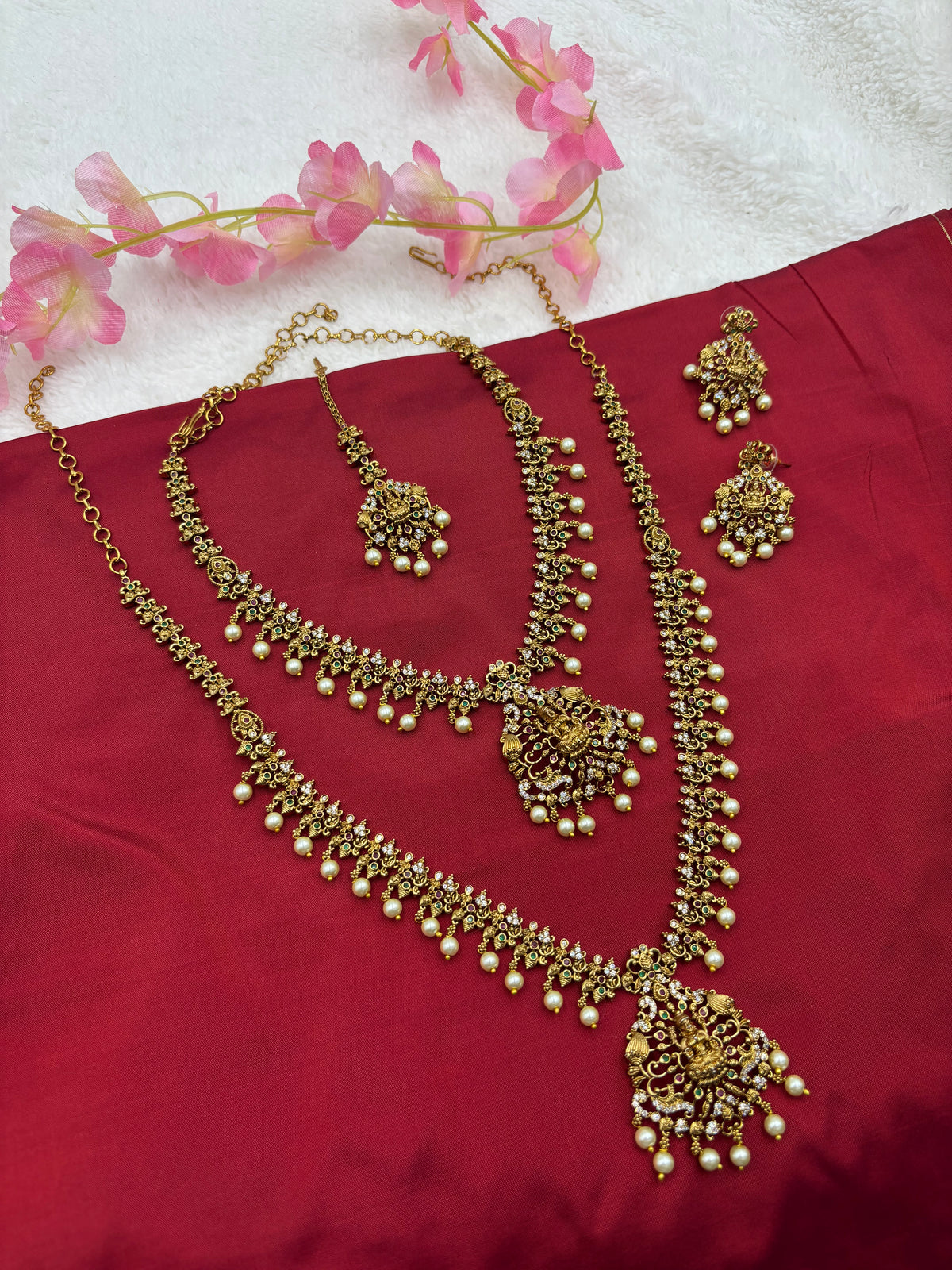 Semi‑Bridal Temple Jewellery Set with Necklace, Long Haram, Maang Tikka & Earrings
