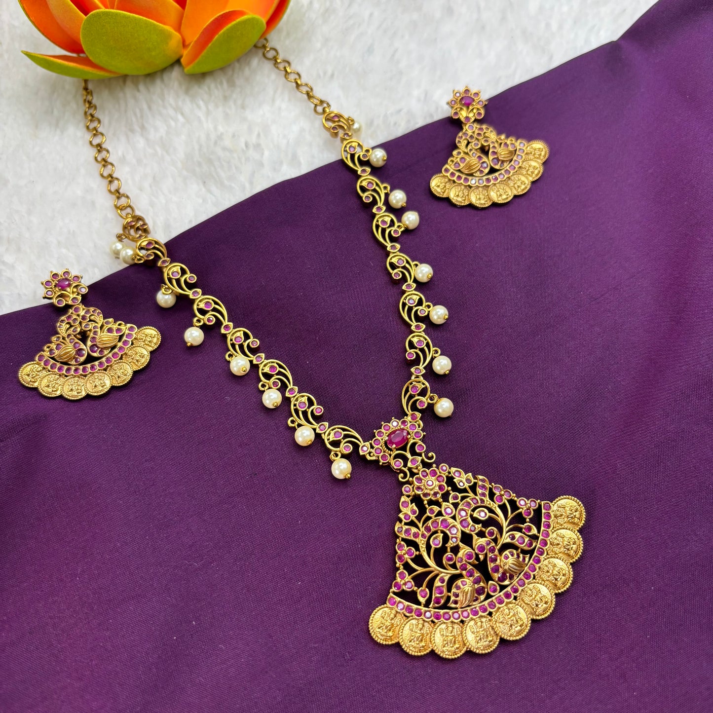 Golden Heirloom – Premium Kasu Necklace Set with Red CZ Stones