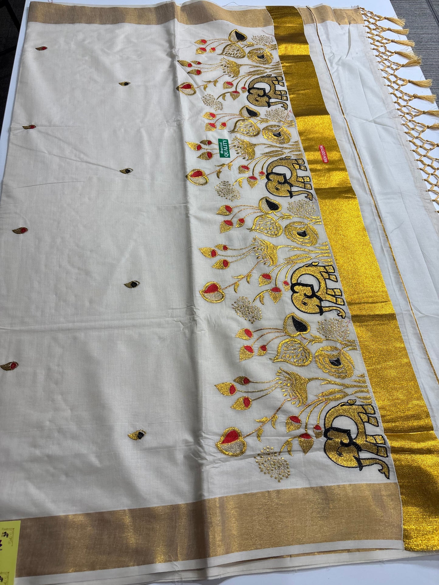 Elephant Embroidery Kerala Kasavu Saree – Traditional Cotton Saree with Golden Border | Shrees Fashion