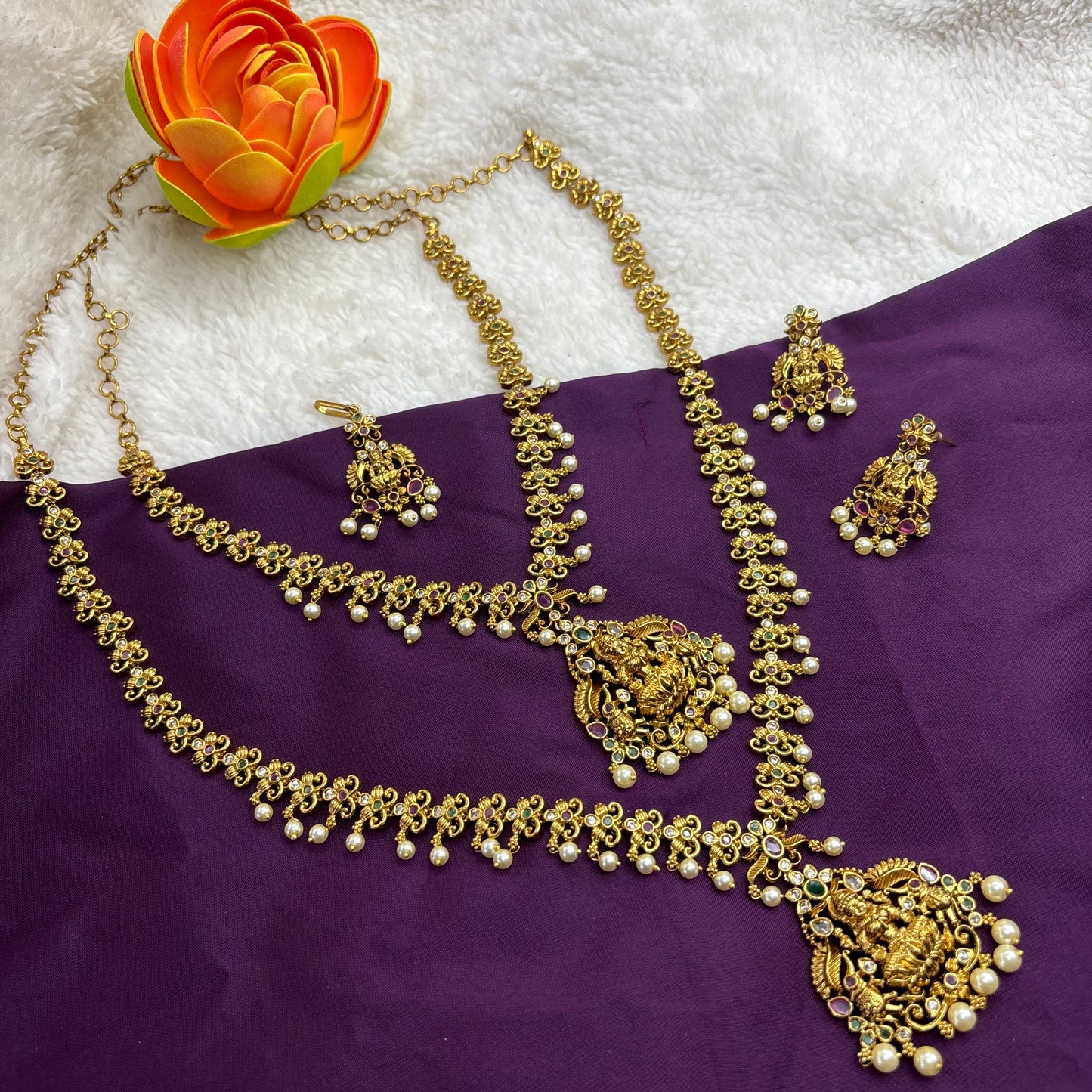 Divine Elegance – Temple Design Semi-Bridal Set with CZ Stones & Pearls