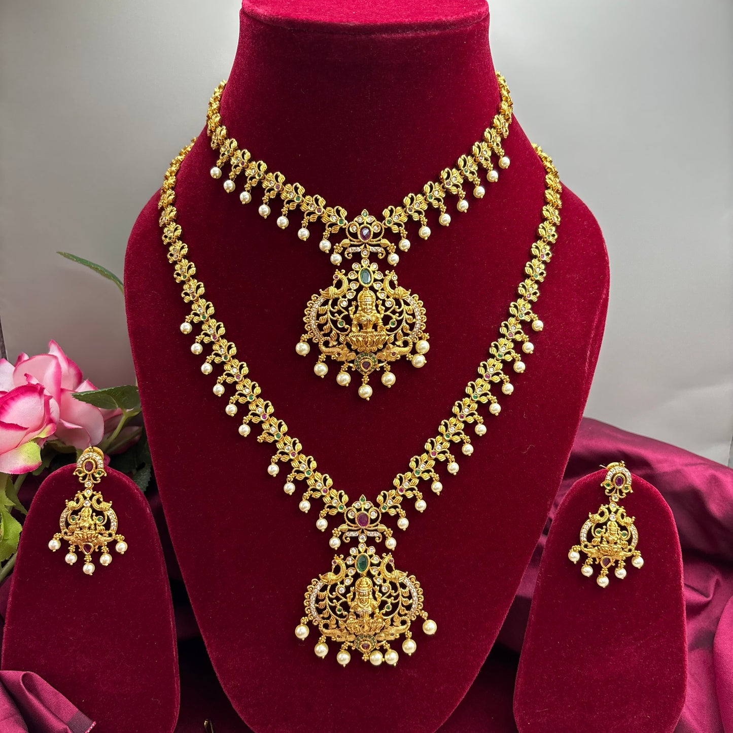 Antique Temple Semi-Bridal Set – Haram, Maang Tikka & Earrings South Indian Matte Gold Finish