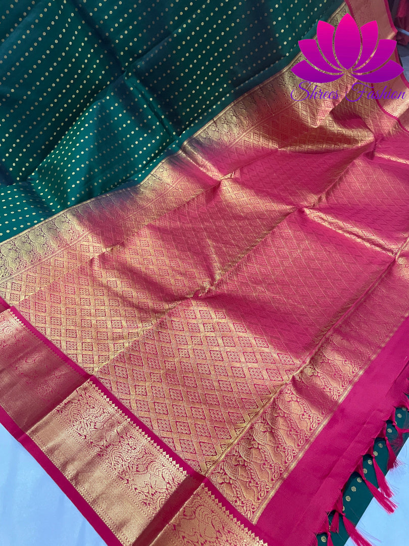 Bottle Green With Red Colour Combinations Dotted Design Kanchipuram Silk Saree - Shrees Fashion Australia