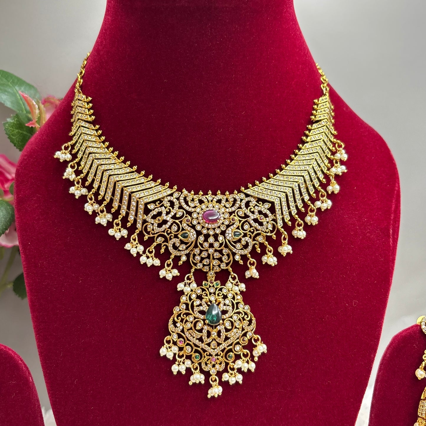 Timeless Spark – CZ & Kemp Stone Necklace Set with Jhumkas