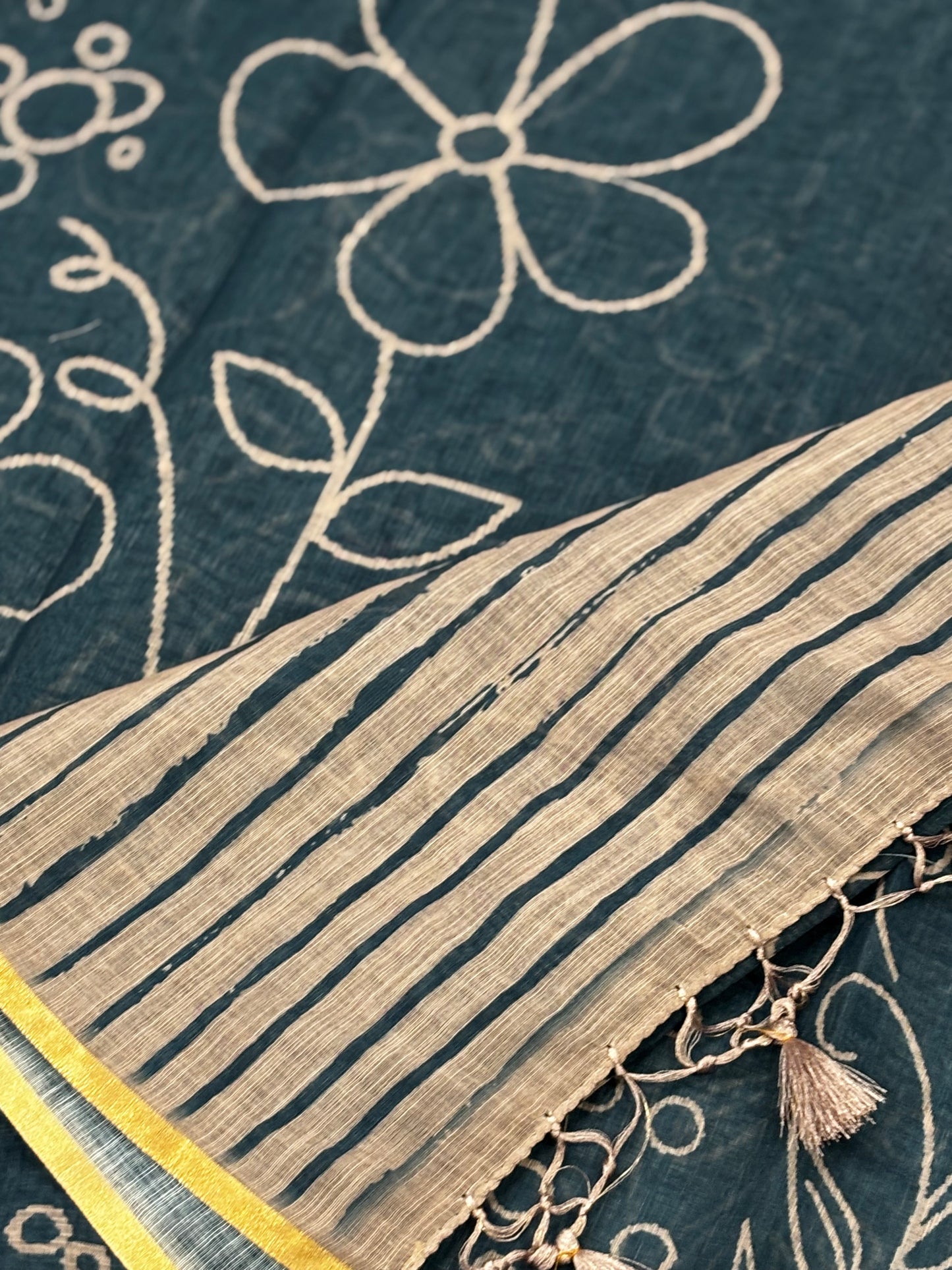 Elegantly Ink Blue Linen Cotton Saree with White Floral Print, Golden Contrast Border & Printed Blouse Piece