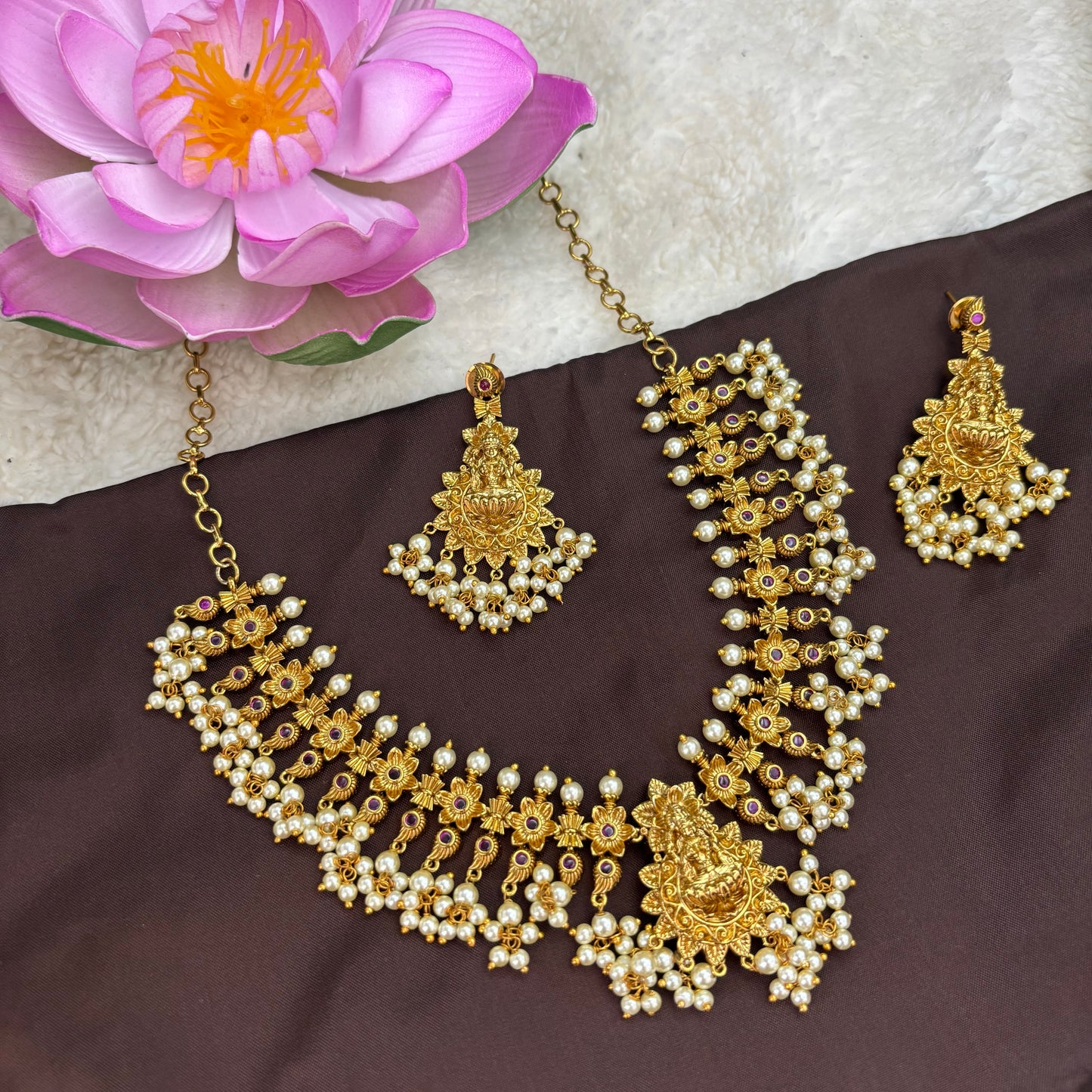 Temple Design Guttapusalu Necklace with White Motifs – Antique Gold Finish
