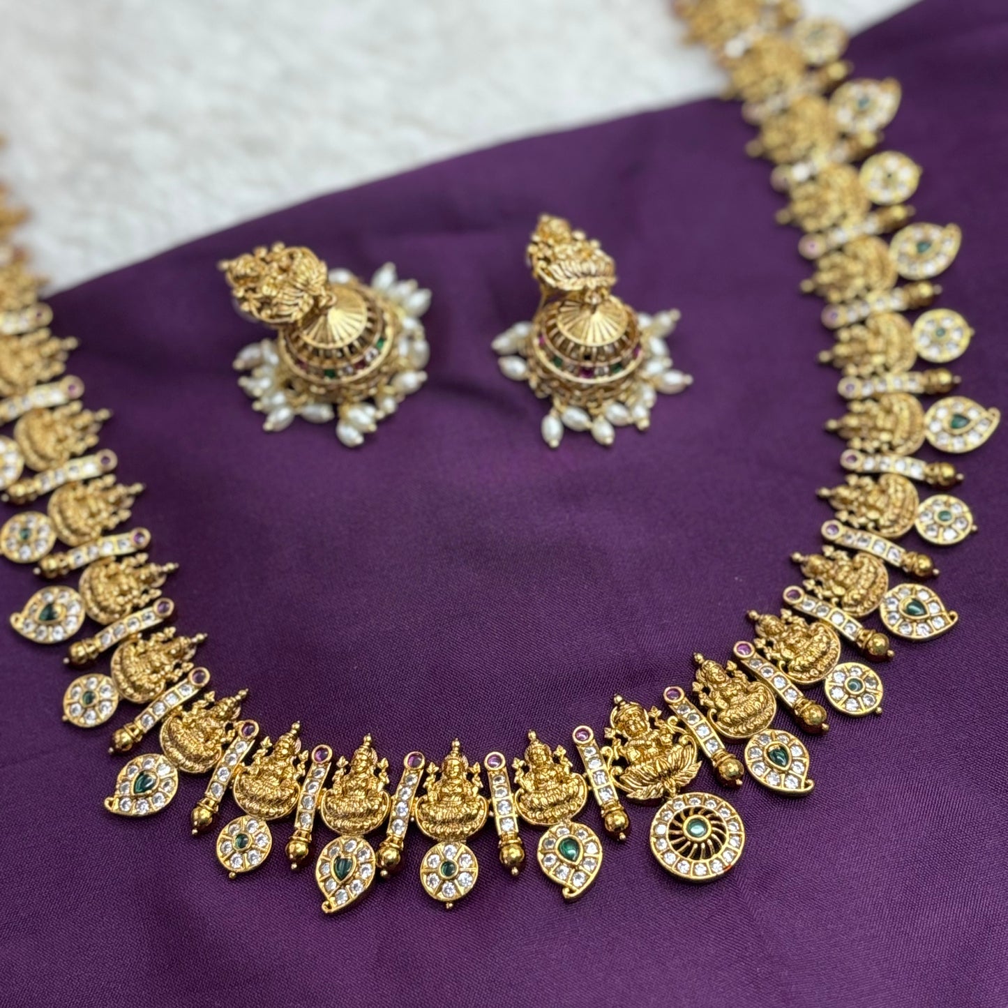 Coin Mango Design Long Haram Set – Matte Gold Finish with Kemp Stones