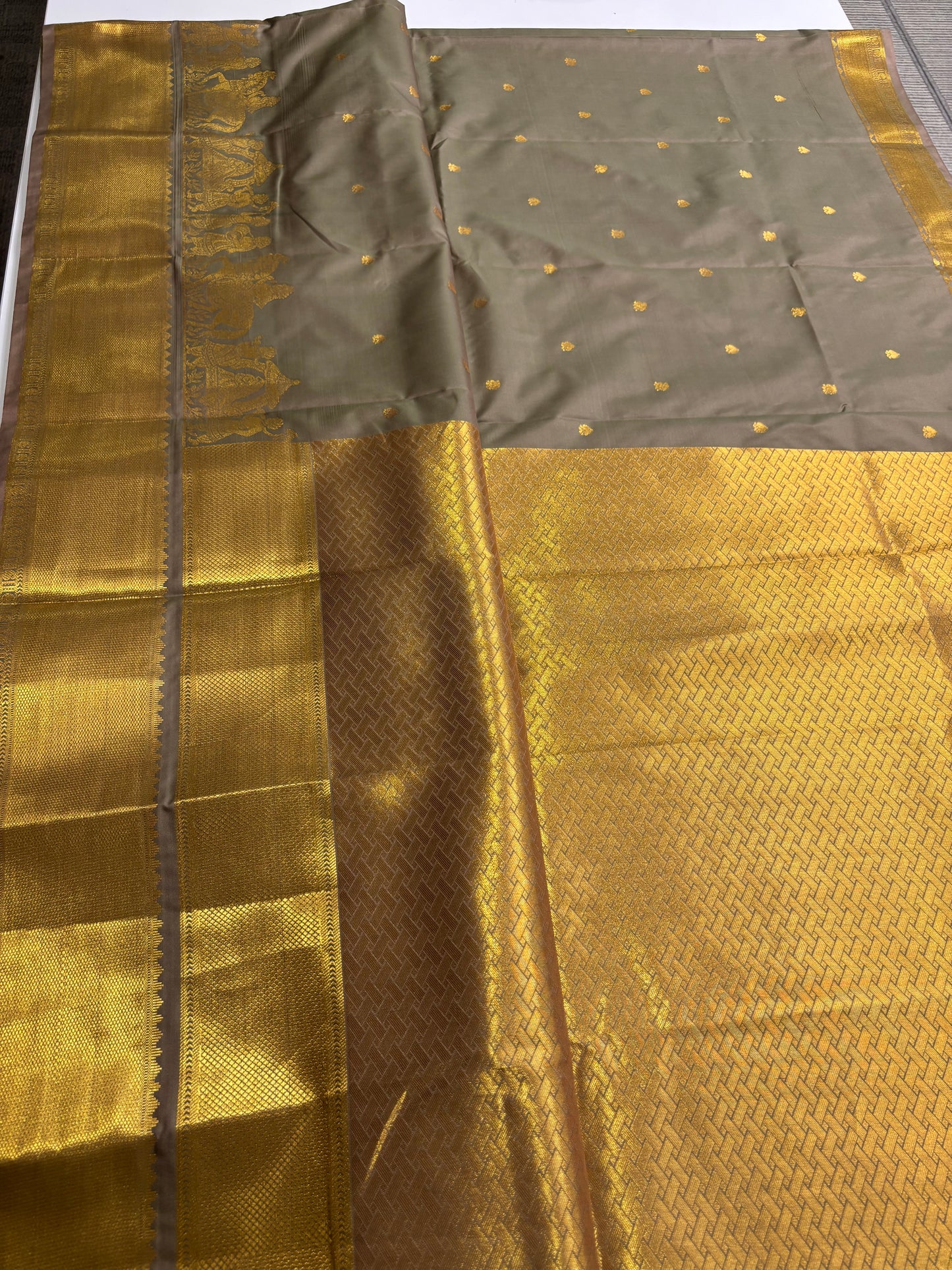 Elegant Pastel Grey Semi Silk Saree with Golden Highlights with Palki Patterns | Shrees Fashion