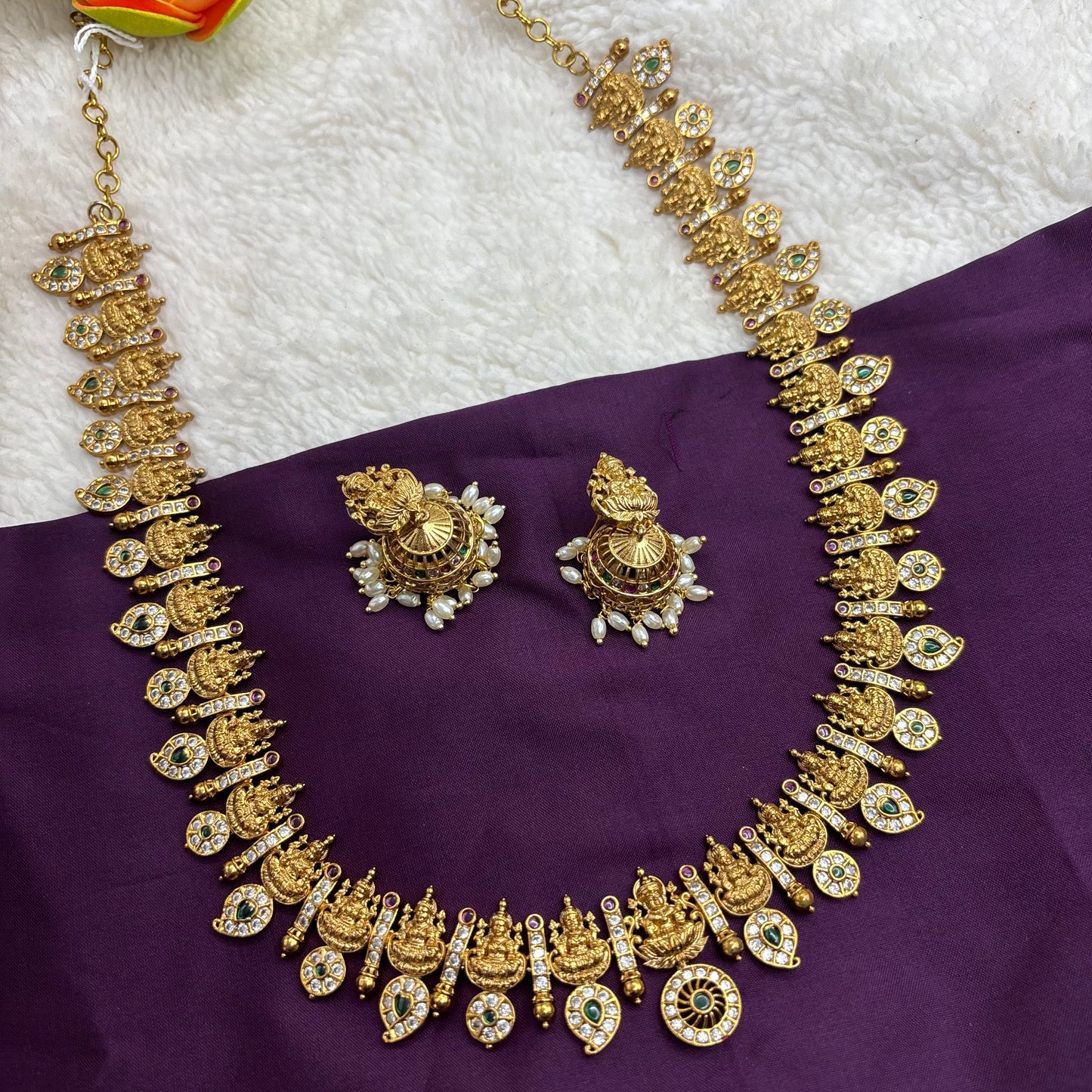 Coin Mango Design Long Haram Set – Matte Gold Finish with Kemp Stones