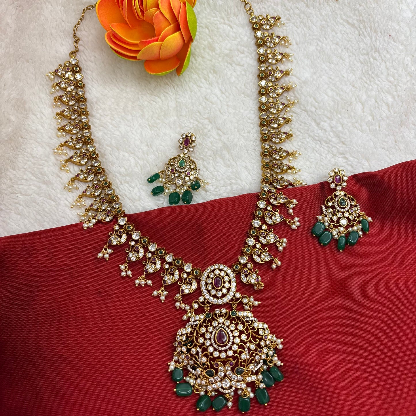 Premium quality matte gold finish long haram sets with green beads