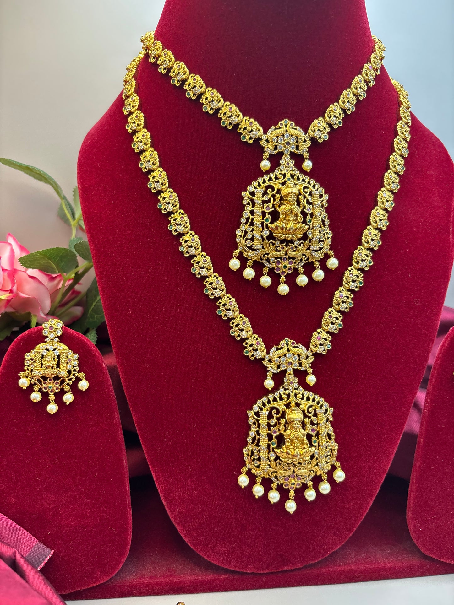 Beautiful temple design semi bridal sets with earrings and tikkas
