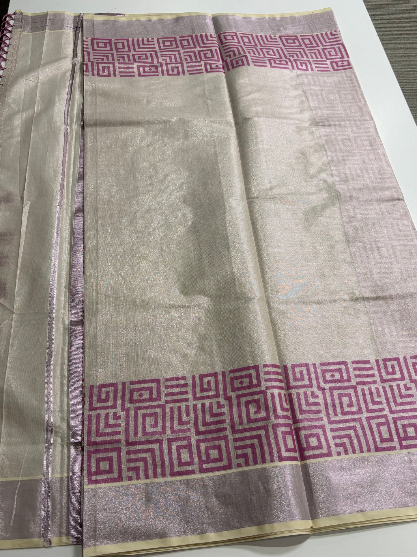 Tissue Silk Kerala Kasavu Saree with Silver Zari & Pink Checks – Traditional & Stylish | Shrees Fashion