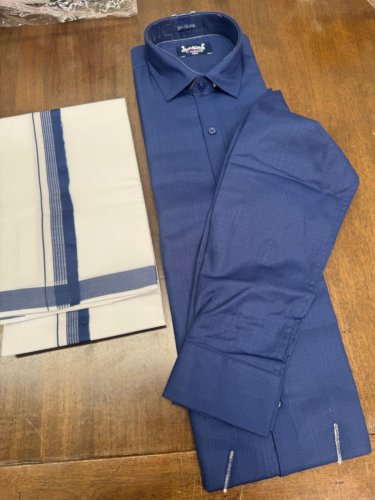 Traditional Dark Blue Full‑Sleeve Shirt and White Veshti with Rich Blue Border