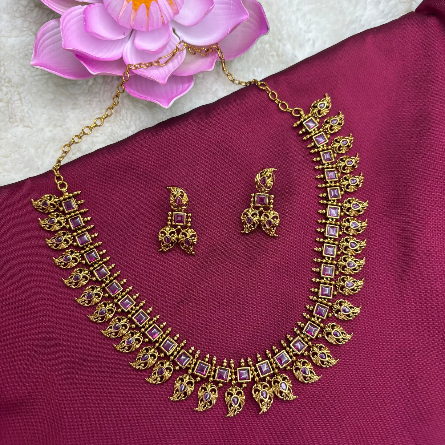 Blossom Heritage – Mango Design Kemp Necklace Set in Pink & Light Green Stones
