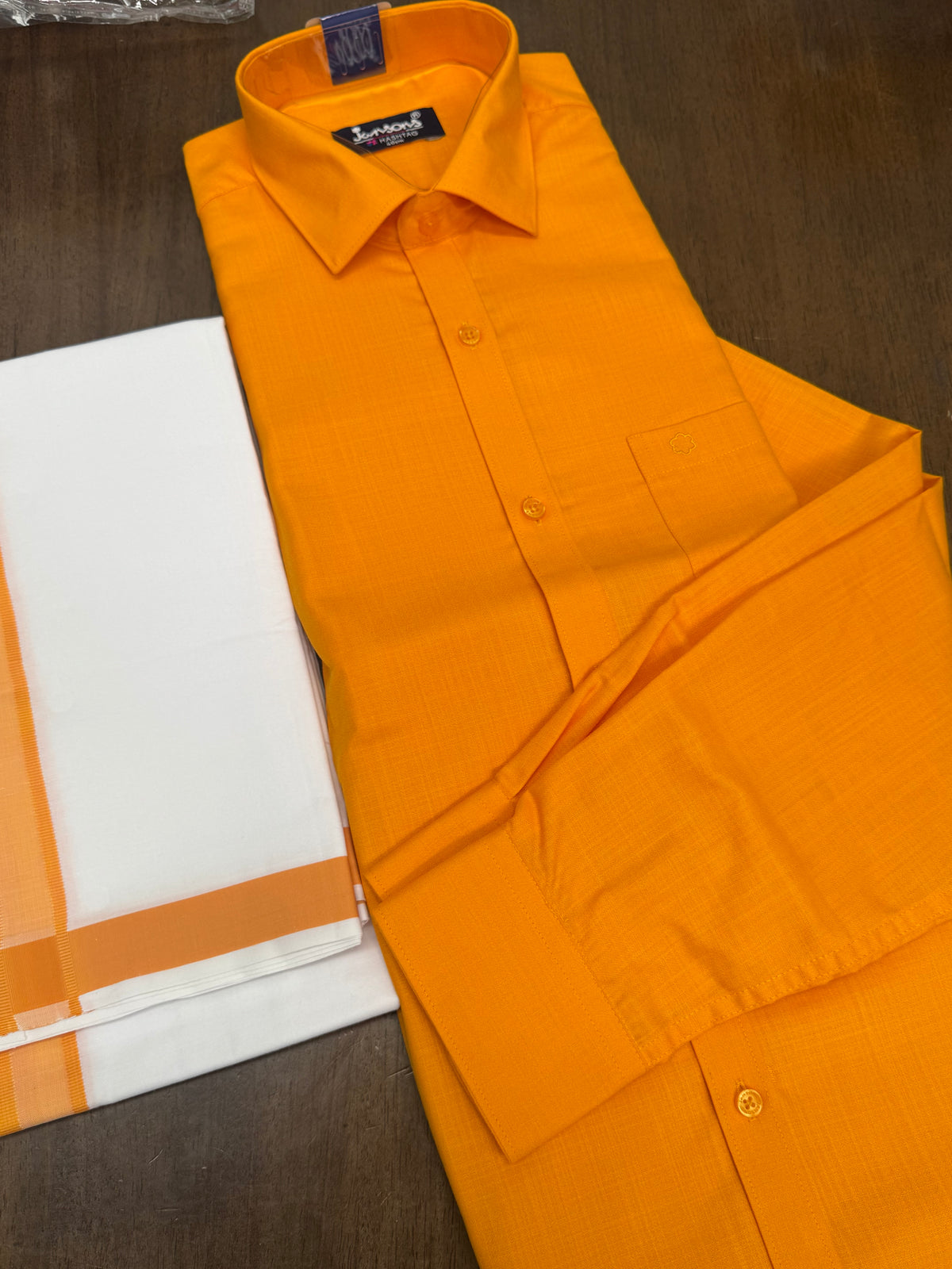 Festive Yellow Full Sleeve Shirt and White Veshti Set with Yellow Border