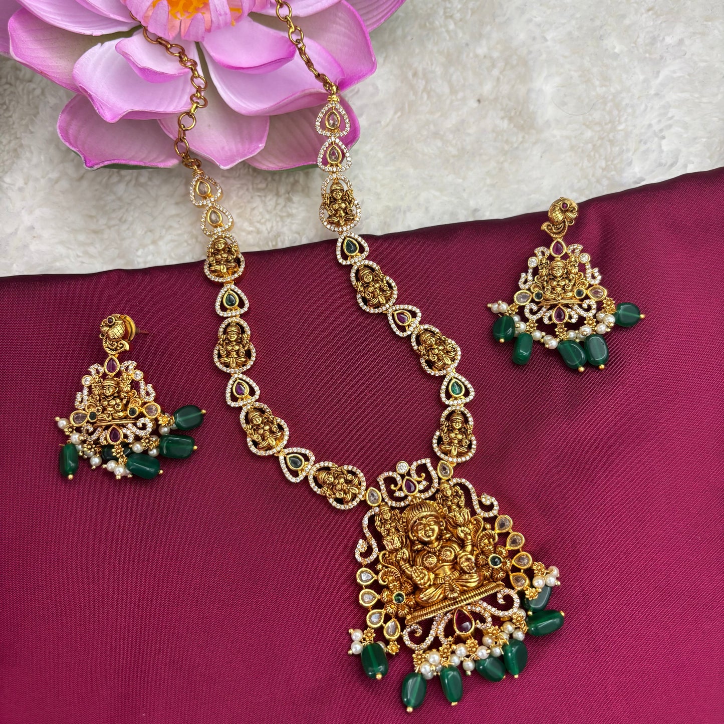 Heritage Radiance – Nakshi Matte Gold Necklace Set with Green Beads