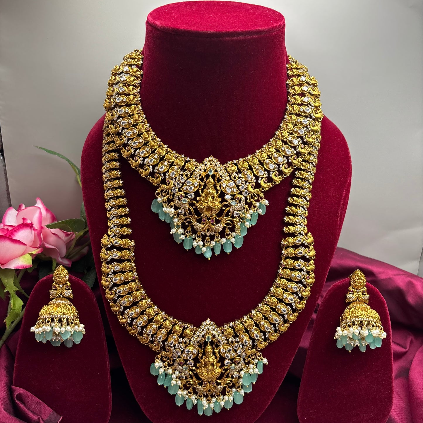Temple Design Matte Gold Semi-Bridal Set with Sky Blue Motifs, Earrings & Tikka