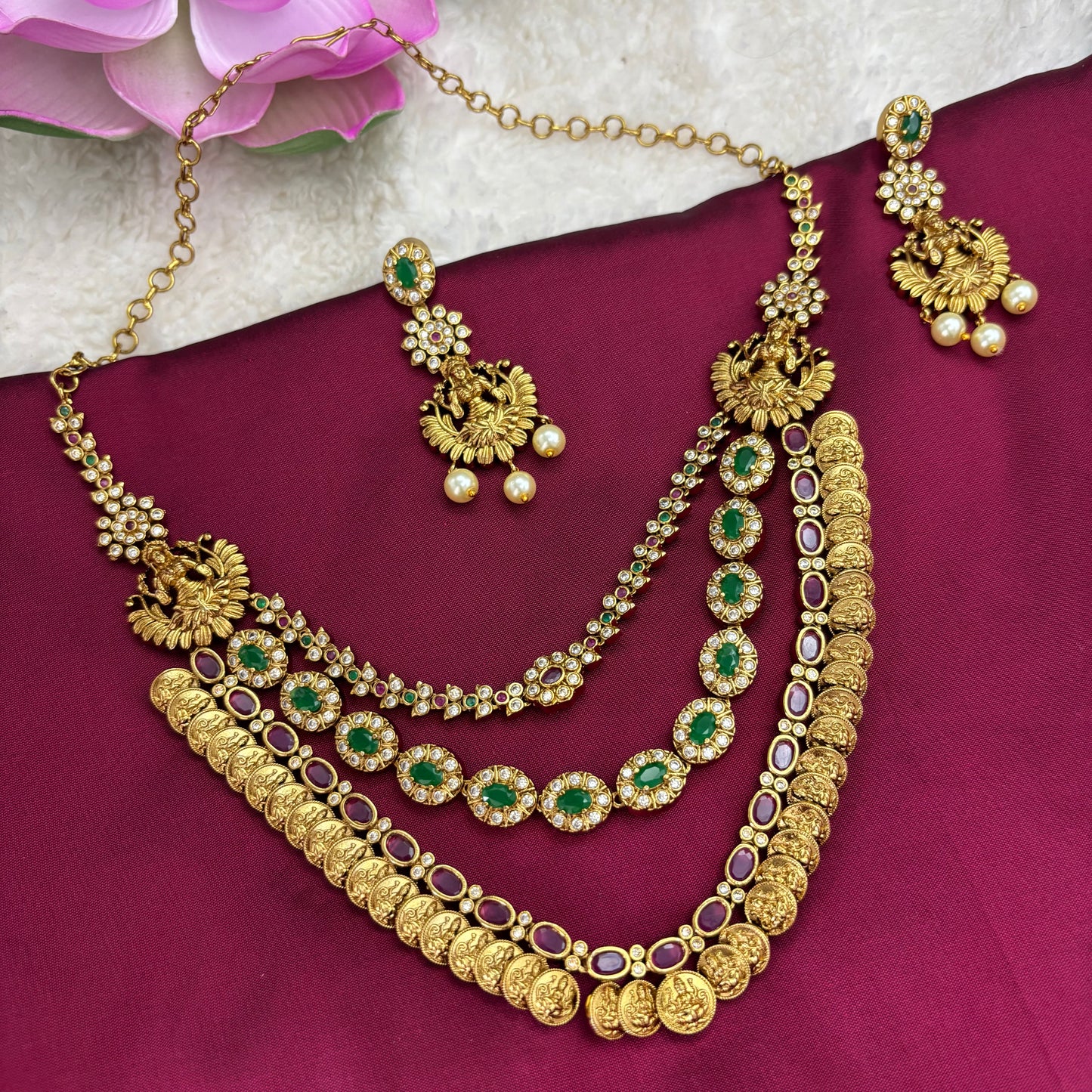 Triple Elegance – Three Layer Matte Gold Finish Necklace Set
