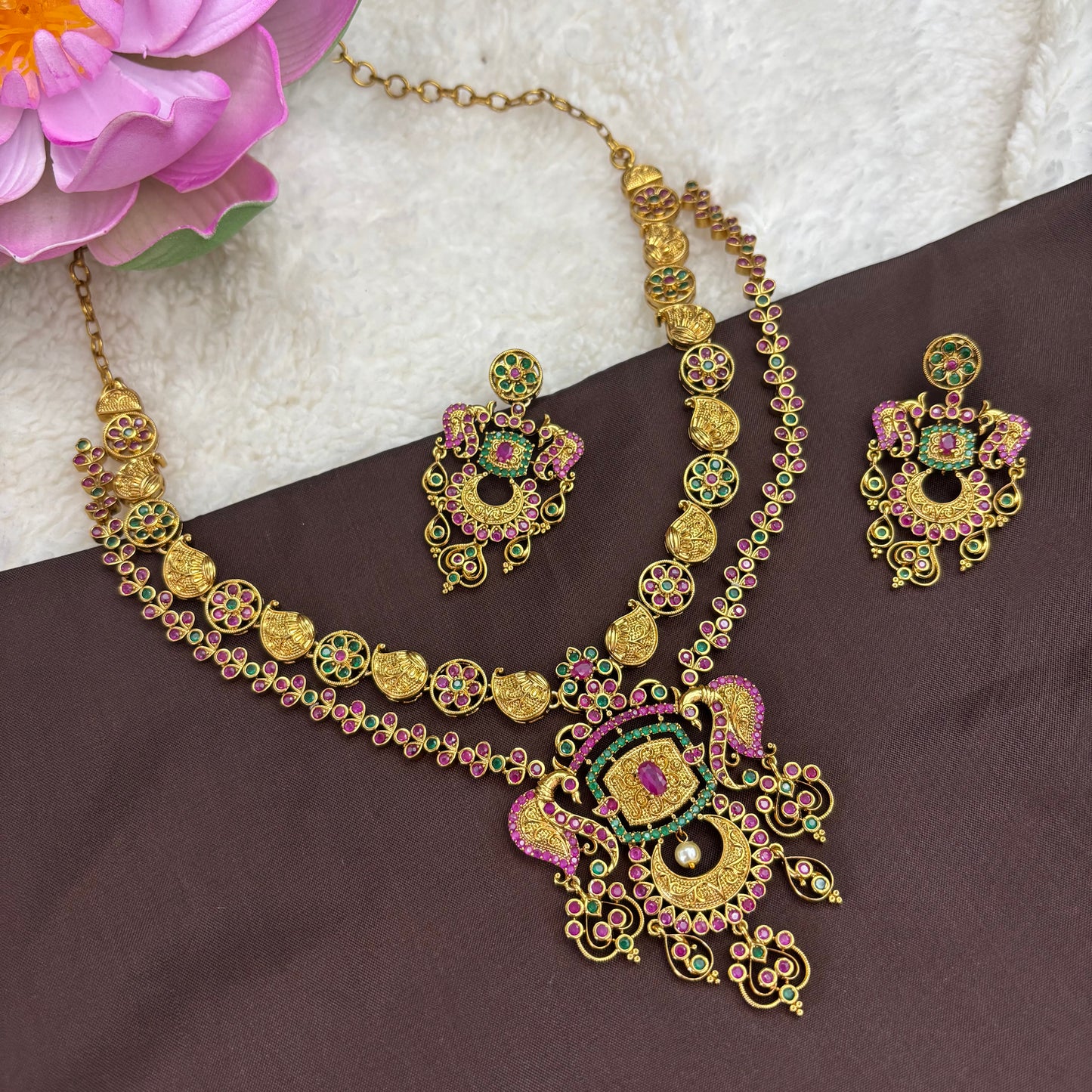 Two-Layer Temple Necklace Set with Intricate Peacock Motif – Matte Gold Finish