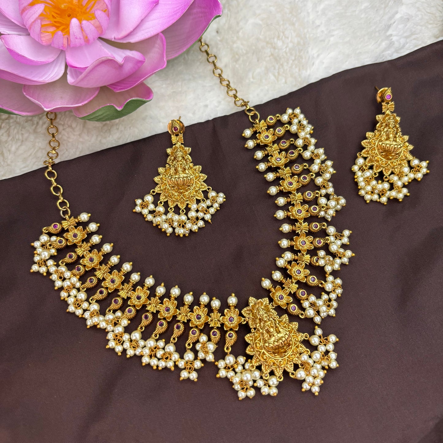 Temple Design Guttapusalu Necklace with White Motifs – Antique Gold Finish