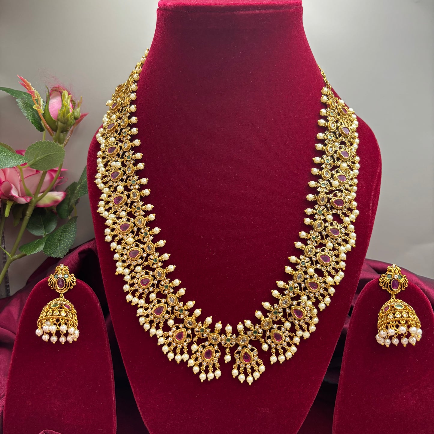Matte Gold Kuttapusalu Haram Set – Temple-Inspired Elegance with Heritage Pearl Detailing