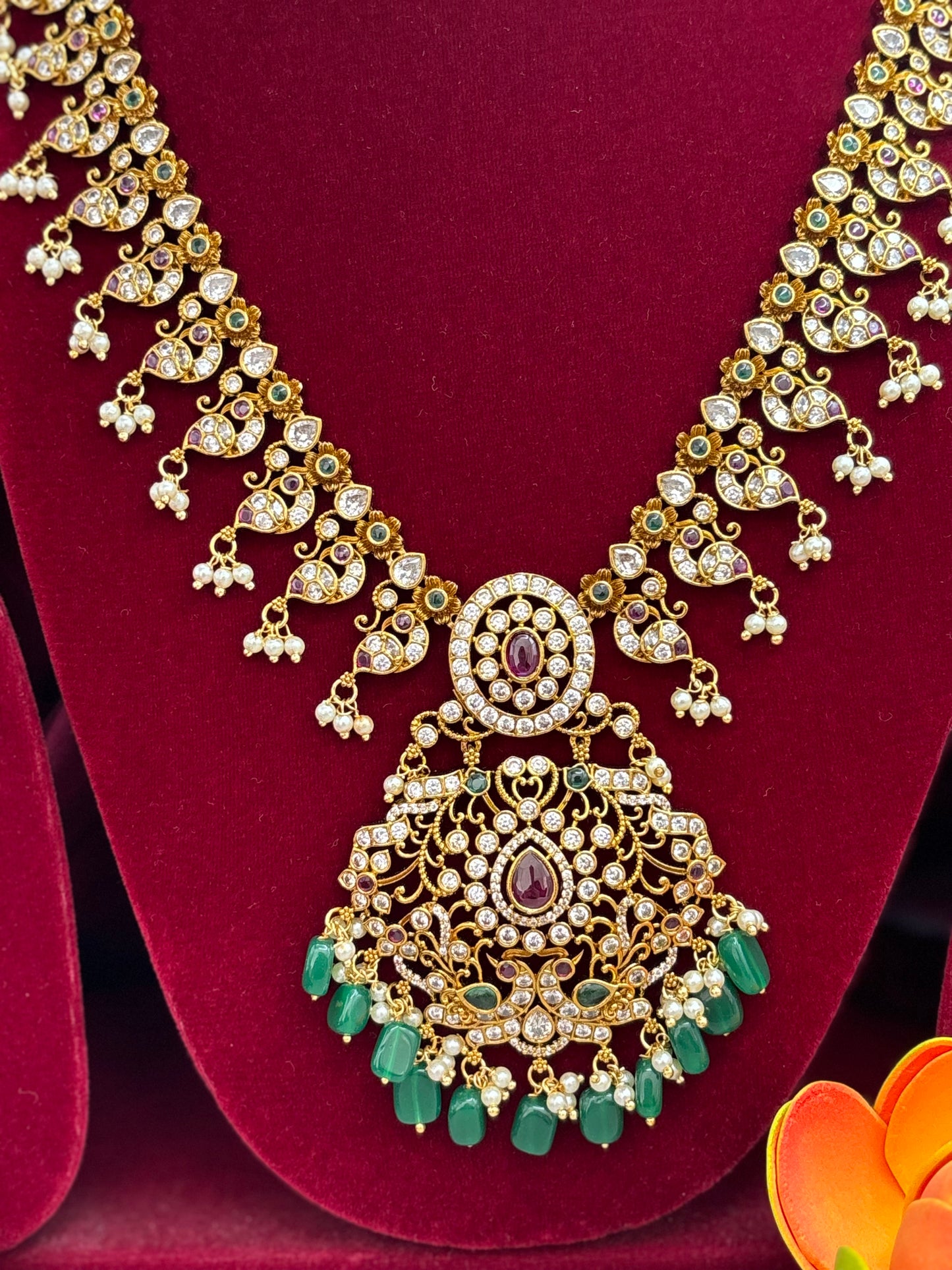 Premium quality matte gold finish long haram sets with green beads