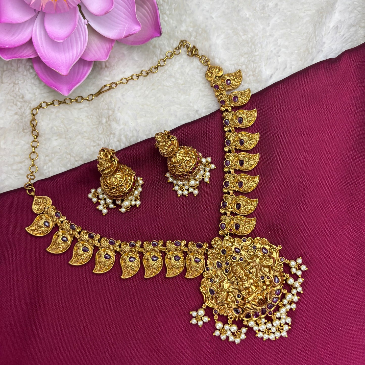 Sacred Bloom – Temple & Mango Design Necklace Set with Pink Stones and Jhumkas