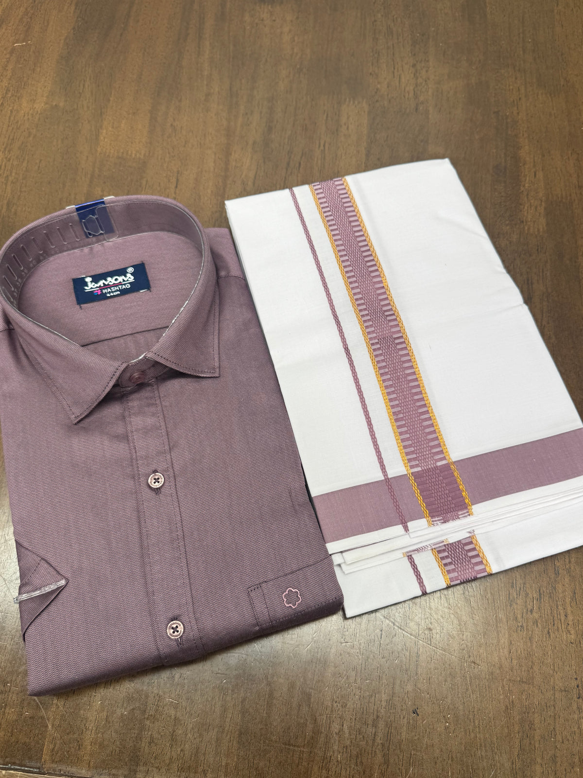 Elegant Light Purple Shirt Paired with White Veshti Featuring Purple‑Gold Border