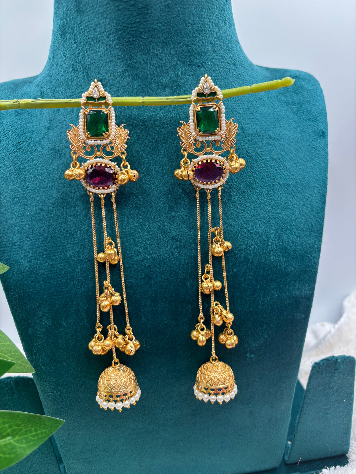 Three‑Layer Kashmiri Kundan Earrings with Green & Maroon Stones and Pearl Dome