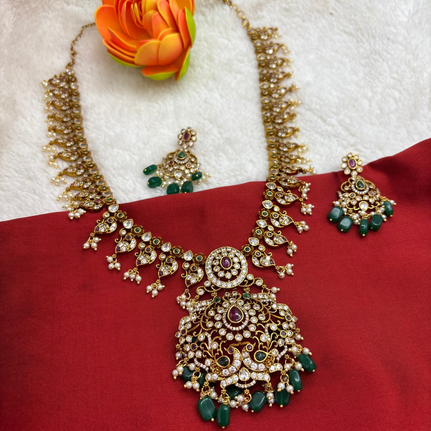 Premium quality matte gold finish long haram sets with green beads