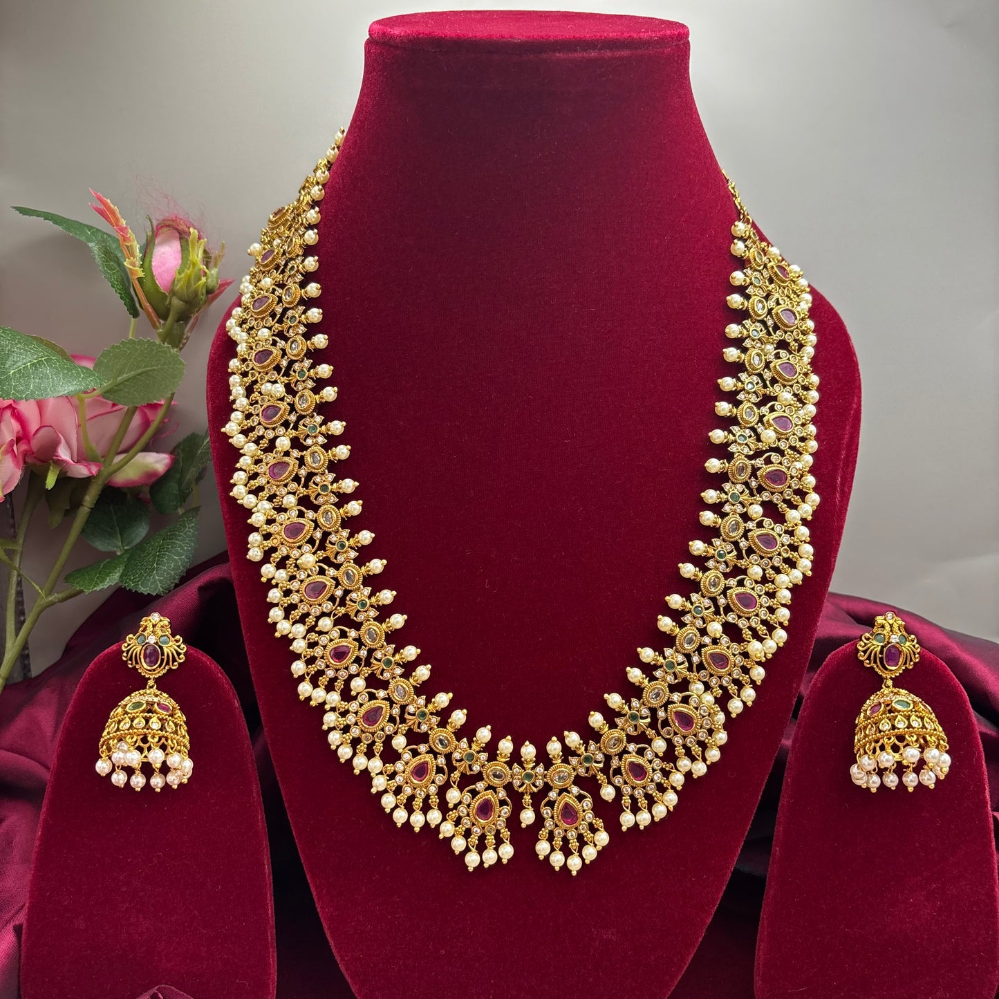 Matte Gold Kuttapusalu Haram Set – Temple-Inspired Elegance with Heritage Pearl Detailing