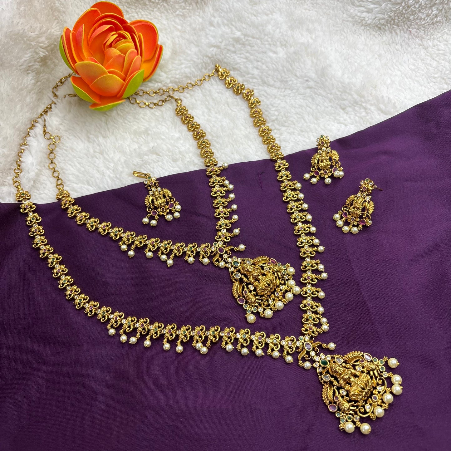 Divine Elegance – Temple Design Semi-Bridal Set with CZ Stones & Pearls